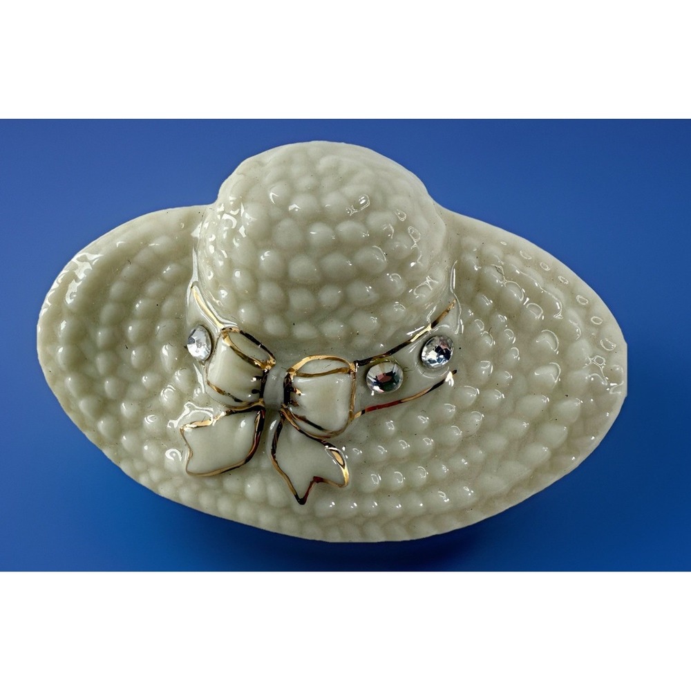 Lenox Fine Porcelain Hat Brooch Ivory 24k‎ Gold Trim Rhinestone Bow Vintage EUC